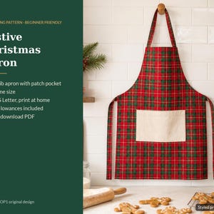 May include: A red and green plaid bib apron with a plain beige patch pocket. The text on the left reads: PDF SEWING PATTERN - BEGINNER FRIENDLY, Festive Christmas Apron, Adult bib apron with patch pocket, Adult one size, A4 + US Letter, print at home, Seam allowances included, Instant download PDF, JASUKSHOP1 original design.