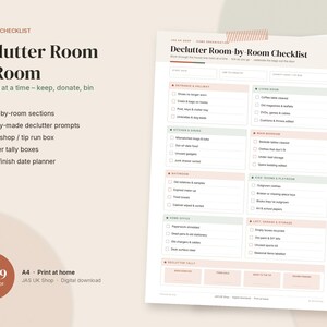 Declutter Checklist Printable, Room by Room Decluttering Planner A4 PDF, Home Organisation Tracker, Instant Download