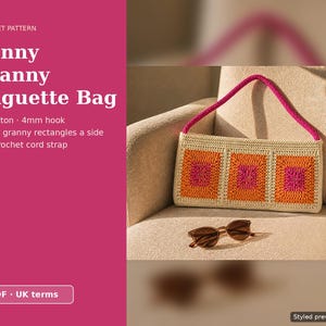Granny Square Shoulder Bag Crochet Pattern PDF, Baguette Bag in Pink, Orange and Cream, Colourful Granny Rectangles, UK Terms