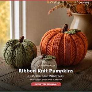May include: Three ribbed knit pumpkins in sage green, cream, and orange, each with a brown stem and green leaf. Text reads: AUTUMN HOME DECOR, Ribbed Knit Pumpkins, Set of 3 sizes Small Medium Large, Chunky Knitting Pattern Flat or in the Round, INSTANT PDF DOWNLOAD.