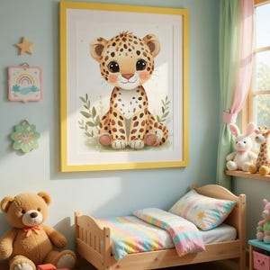 Può includere: Una stampa incorniciata ad acquerello di un simpatico cucciolo di leopardo con macchie marroni e grandi occhi è appesa sopra un lettino in legno con biancheria da letto pastello. Un orsacchiotto e un camion giocattolo sono nelle vicinanze. La stanza ha pareti azzurre.