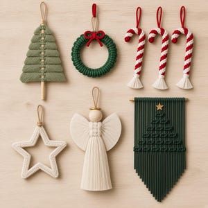 Macrame Christmas Pattern Bundle PDF, 6 Designs, Tree, Wreath, Candy Cane, Angel and Star Ornaments, Tree Wall Hanging, Knotting Project