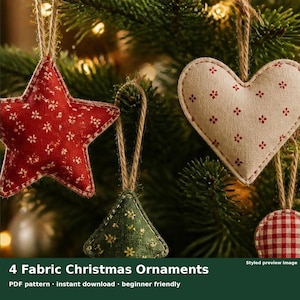 Fabric Christmas Ornament Sewing Pattern, Star Heart Tree Gingerbread, Scrap Fabric Tree Decorations, Beginner PDF