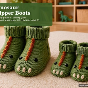 May include: Green knitted slipper boots with a dinosaur theme, featuring orange dorsal spikes, black button eyes, and white claw details. The text reads: Dinosaur Slipper Boots, Knitting pattern, chunky yarn, Kids' and adult sizes, UK child 6 to adult 12.