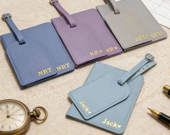 Personalized Luggage Tag & Passport Holder Set: Gold Stamped Vegan Leather Passport Cover, Custom Name Initials Tag, Gift for Traveller