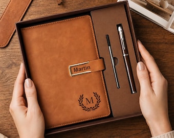 Personalized Engraved Notebook Set,  Custom Name & Logo PU Leather Journal With Pen, Birthday Gift for Dad, Gift for Him