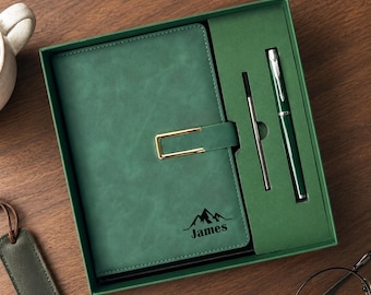 Engraved Notebook with Pen Set, Custom Logo & Name Vegan Leather Journal, Back to School Gift, Gift for Teacher