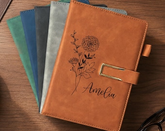 Personalized Birth Flower Notebook with Pen Set, Custom Name Vegan Leather Journal, Gift for Students