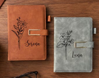 Personalized Engraved Notebook with Pen, Custom Birth Flower Vegan Leather Journal, Gift for Teacher, Birthday Gifts