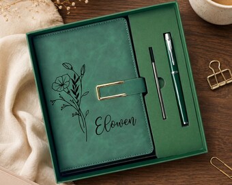 Engraved Birth Month Flower Notebook Set, Custom Name Vegan Leather Journal with Gift Box, Gift for Mom
