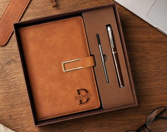 Personalized Vegan Leather Journal Set, Engraved Name Notebook with Pen, A5 Size