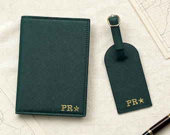 Personalized Luggage Tag & Passport Holder Set: Gold Stamped Vegan Leather Passport Cover, Custom Name Initials Tag, Gift for Traveller
