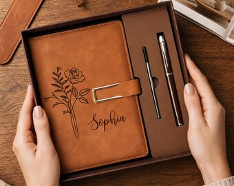 Personalized Birth Flower Notebook Set, Custom Name Vegan Leather Journal with Gift Box, Journal for Women, Thank you Gift