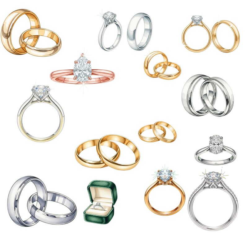 Wedding Rings Clipart, Watercolor Engagement Ring , 15 PNG Transparent ...