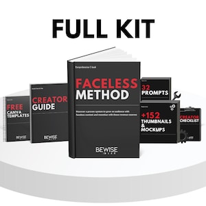 May include: A comprehensive "FULL KIT" of digital resources, including a book titled "FACELESS METHOD" and other guides and templates. The kit includes "FREE CANVA TEMPLATES", "CREATOR GUIDE", "32 PROMPTS", "+152 THUMBNAILS & MOCKUPS", and a "CREATOR CHECKLIST".