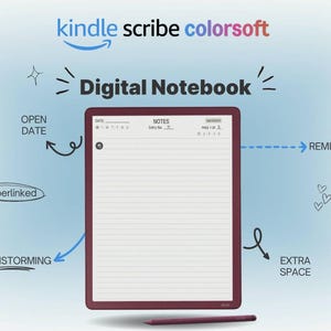 Peut inclure: Un ordinateur portable numérique avec le texte "kindle scribe colorsoft Digital Notebook". Le cahier a un cadre bordeaux et une page lignée blanche. Un stylet bordeaux est en bas. L'image comprend les mots "Open Date", "Hyperlinked", "Brainstorming", "Reminders" et "Extra Space".