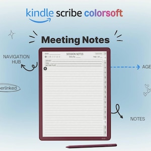 May include: A digital tablet with the text "Meeting Notes" and the Kindle logo. The tablet is burgundy with a white lined screen and a matching stylus. The words "Navigation Hub", "Agenda", and "Notes" are also displayed.