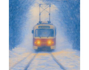 Prague Winter Tram Canvas Print, Snowy Prague Streetcar Wall Art, Czech Republic Cityscape Painting, European Travel Decor