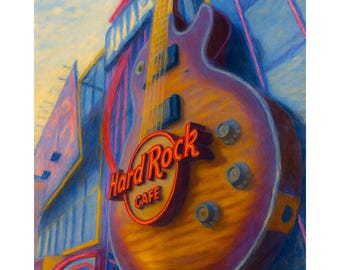 Las Vegas Hard Rock Cafe Guitar Canvas Print, Vegas Strip Music Wall Art, Retro Casino Guitar Painting, Rock and Roll Decor