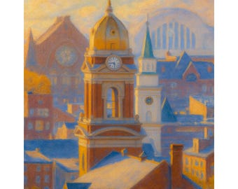 May include: An oil painting depicts a cityscape at dawn or dusk. The focal point is a brick clock tower with a gold dome and cross. Other buildings include a church steeple and structures with blue roofs, all bathed in warm light.