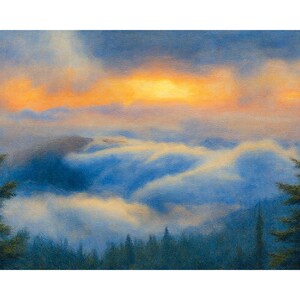 May include: An oil painting depicts a mountain landscape with a vibrant sunset. The sky transitions from orange to blue, with fluffy white clouds. Dark green trees form the foreground, creating a sense of depth and tranquility.