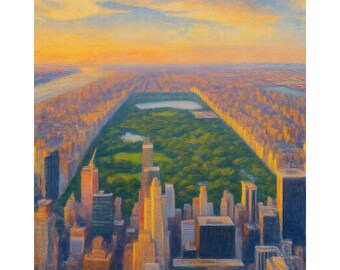 Central Park Aerial Sunset Canvas Print, New York City Skyline Wall Art, Manhattan Golden Hour Painting, NYC Home Decor