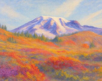 Mount Rainier National Park Canvas Print, Wildflower Meadow Wall Art, Snow Capped Mountain Painting, Washington Nature Home Decor