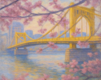 Pittsburgh Yellow Bridge Canvas Print, Spring Blossom Skyline Art, Roberto Clemente Bridge Painting, Steel City Wall Decor