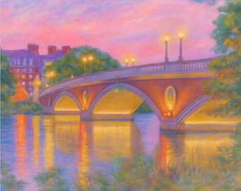 Harvard Weeks Footbridge Canvas Print, Charles River Wall Art, Cambridge Sunset Painting, Boston Skyline Decor, Graduation Gift