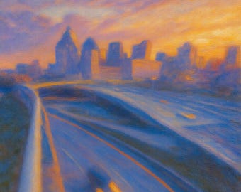 May include: An impressionistic painting of a city skyline at sunset. The sky transitions from orange to purple, with the city buildings silhouetted against the colorful sky. A highway with car lights is in the foreground.
