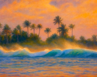 Tahiti Sunset Beach Canvas Print, Tropical Ocean Wall Art, Palm Tree Island Painting, Coastal Decor, Stretched Canvas Ready to Hang
