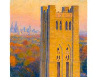 Lienzo impreso del Swarthmore College, arte mural de la torre del campus, pintura de paisaje de Pensilvania, decoración histórica universitaria, regalo de graduación