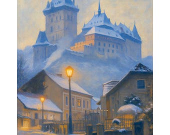 Prague Castle Winter Canvas Print, Snowy Prague Skyline Wall Art, Czech Republic Castle Cityscape Painting, European Travel Decor