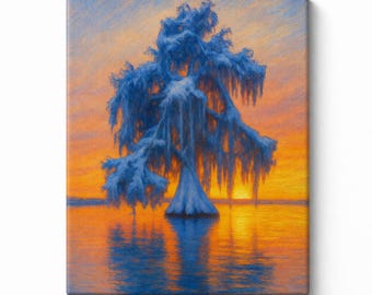 Louisiana Bayou Cypress Tree Sunset Canvas Print, Oversized Wall Art