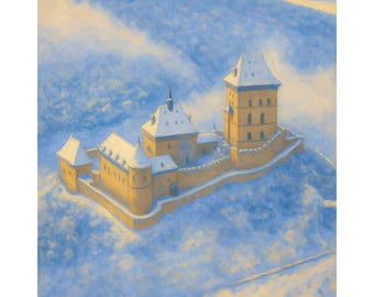 Czech Republic Winter Castle Canvas Print, Snowy Bohemian Fortress Wall Art, Historic Czech Landscape Painting, European Castle Decor