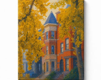 Washington DC Row House Canvas Print, Historic Capitol Hill Townhome Wall Art, Autumn Neighborhood Landscape Painting