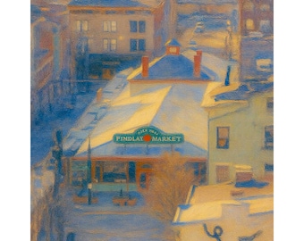 May include: An impressionistic painting of Findlay Market in Cincinnati, Ohio, with snow on the roof. The market sign is visible, and the buildings are painted in shades of blue, yellow, and orange. The artwork captures a winter scene.