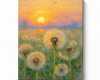 Dandelion Sunset Canvas Print, Dreamy Field Wall Art, Soft Landscape Painting, Bedroom or Nursery Wall Art Decor