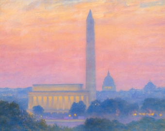 Washington DC Monuments Canvas Print, Washington Monument Lincoln Memorial Skyline Wall Art, National Mall Sunset Painting