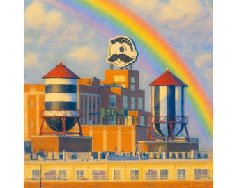Baltimore Natty Boh Tower Summer Canvas Print, Rainbow Skyline Wall Art, Iconic Landmark Landscape Painting, Large Charm City Home Decor