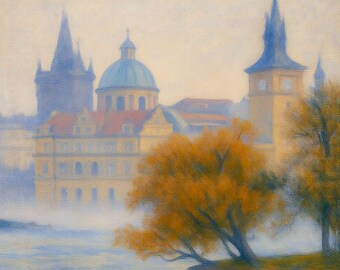 Prague River Autumn Canvas Print, Czech Republic Skyline Wall Art, Misty Prague Landscape Painting, European Travel City Decor