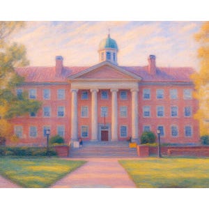May include: An impressionistic painting of a large brick building with a green dome and white columns. The building has many windows and is surrounded by green grass and trees. The sky is a soft blue with wispy clouds.