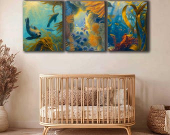 Underwater Ocean Nursery Gallery Wall Set, Ready to Hang Canvas Prints, Coastal Impressionist Wall Art, Kids Room Wall Art, Baby Shower Gift