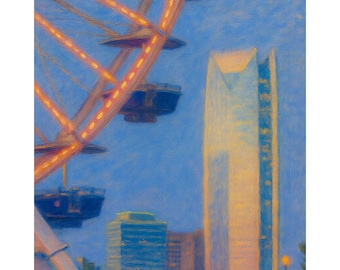 Oklahoma City Ferris Wheel Skyline Canvas Print, OKC Downtown Wall Art, Modern Cityscape Painting, Urban Sunset Decor