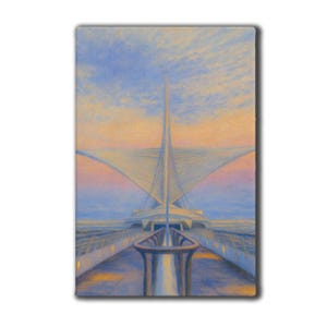 May include: An artistic rendering of a modern architectural structure, possibly a museum or art gallery, with a distinctive wing-like design. The artwork features a color palette of blues, oranges, and whites, evoking a sense of serenity and sophistication. The image is a vertical rectangle.
