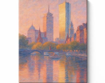 Boston Skyline Sunset Canvas Print, Charles River Wall Art, Back Bay Cityscape Painting, Downtown Boston Home Decor