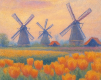 Dutch Windmills & Tulip Fields Canvas Print, Netherlands Landscape Wall Art, Holland Spring Flowers Painting, Colorful Countryside Decor