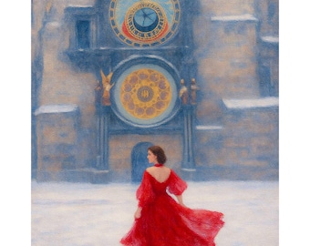 Prague Astronomical Clock Canvas Print, Old Town Square Prague Wall Art, Romantic Czech Republic Cityscape Painting, European Travel Decor