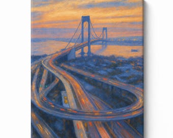 Verrazzano-Narrows Bridge Sunset Canvas Print, New York City Skyline Wall Art, NYC Golden Hour Painting, Urban Home Decor