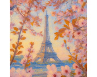 Eiffel Tower Cherry Blossom Canvas Print, Paris Spring Wall Art, Romantic Paris Painting, France Travel Decor, Eiffel Tower Landscape Art